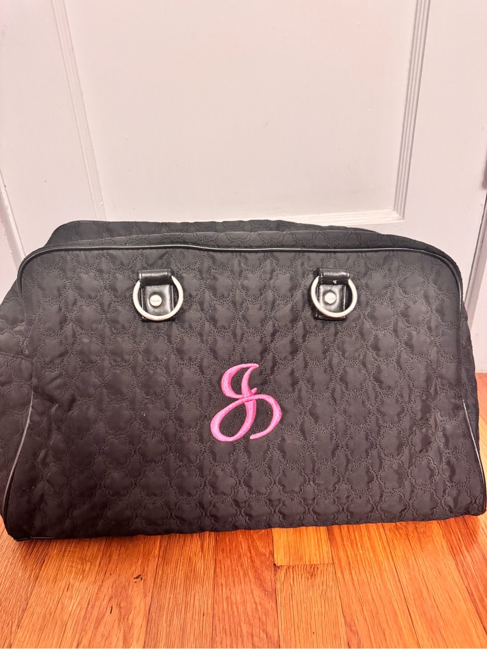 Black Quilted Weekend Bag with Pink Monogram Accent